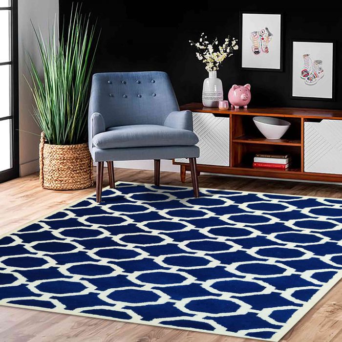 Blue-cream handtufted woollen carpet